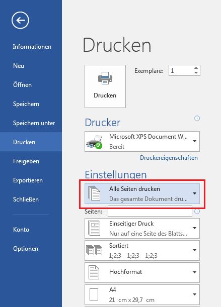 Einstellungen Word 2016