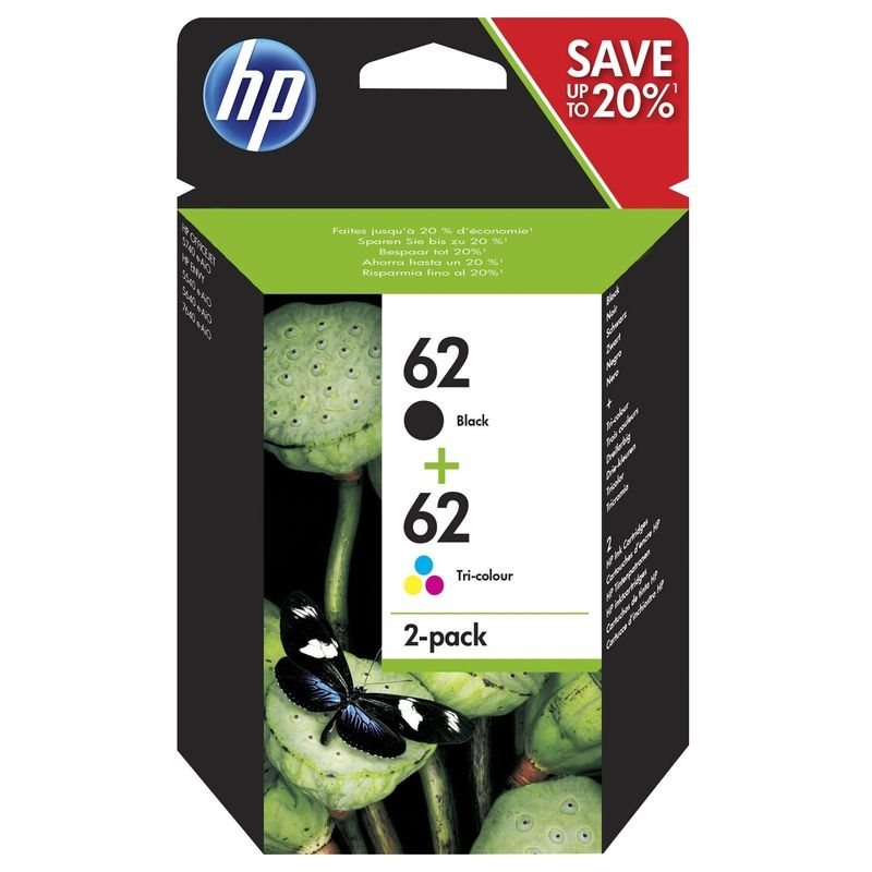 HP Original Tinte HP 62 2er-Pack Schwarz/Cyan/Magenta/Gelb - N9J71AE